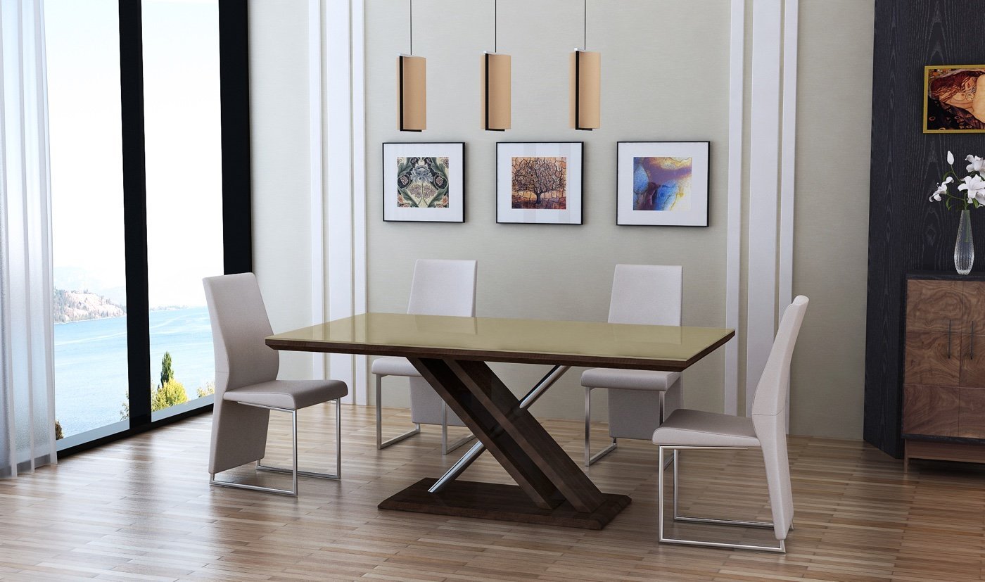 Dining Table -dark Wood Effect /khaki Glass/chrome Leg