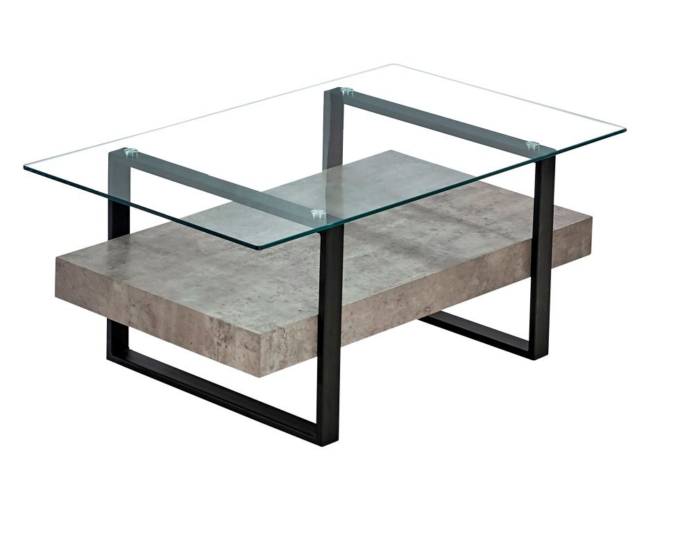 Coffee Table - Clear Glass/light Concrete Finish/matt Black Metal Legs