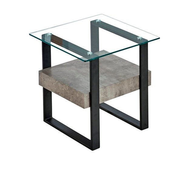 End Table - Clear Glass/light Concrete Finish/matt Black Metal Legs
