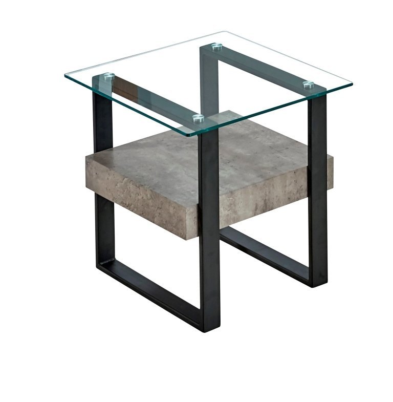 End Table - Clear Glass/light Concrete Finish/matt Black Metal Legs