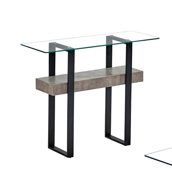 Sofa Table - Clear Glass/light Concrete Finish/matt Black Metal Legs