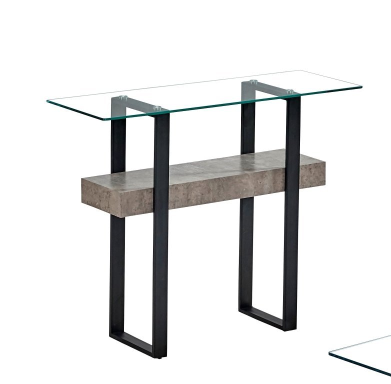 Sofa Table - Clear Glass/light Concrete Finish/matt Black Metal Legs