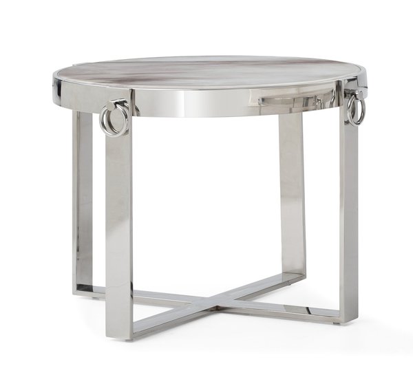 Circular End Table Marble Finish Top / Polished Stainless Steel Frame
