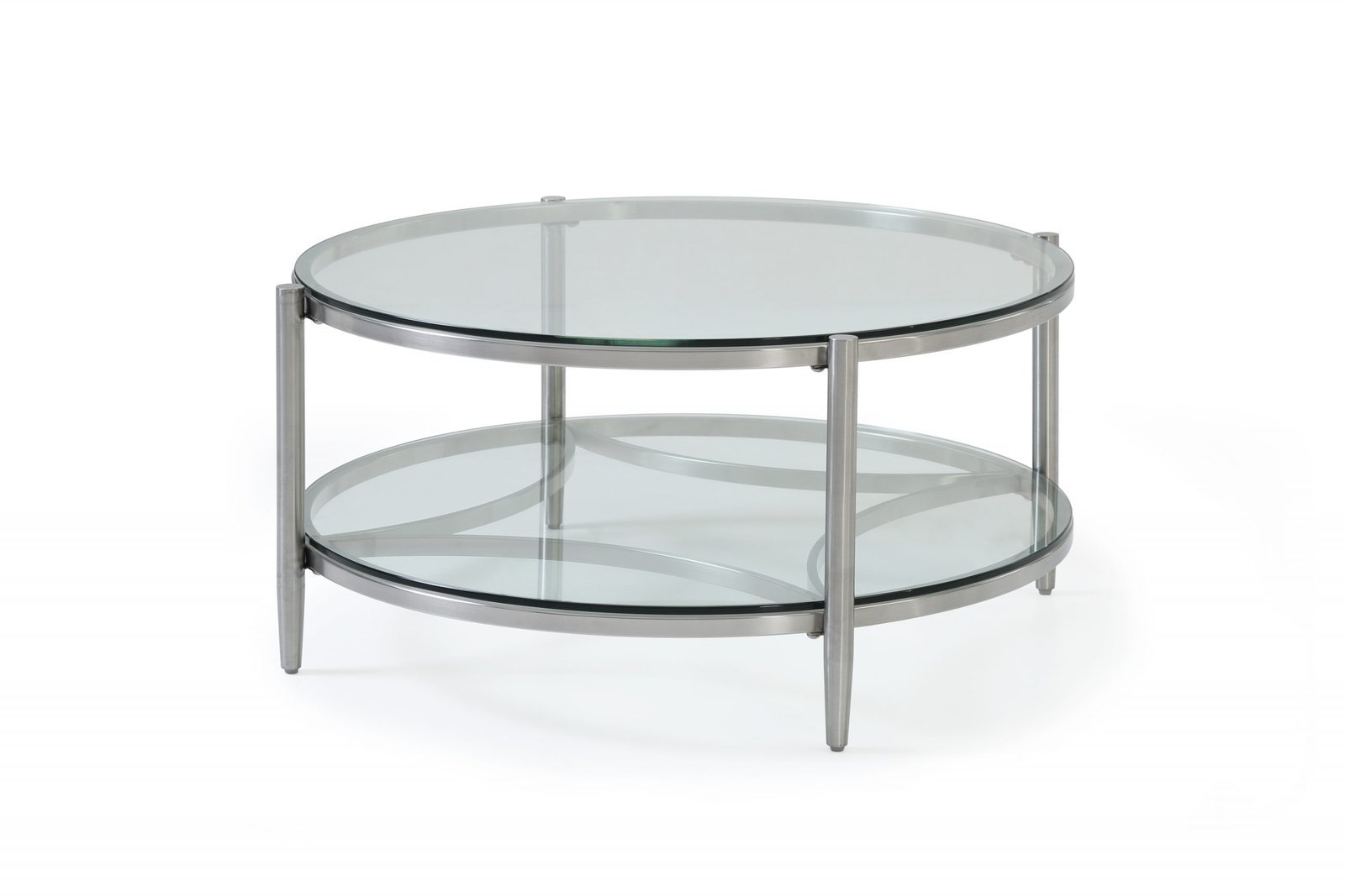 Circular Coffee Table - Brushed Stainless Steel Frame/clear Glass Top & Shelf