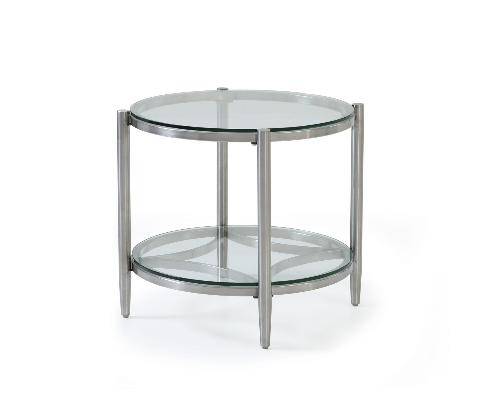 Circular End Table - Brushed Stainless Steel Frame/clear Glass Top & Shelf