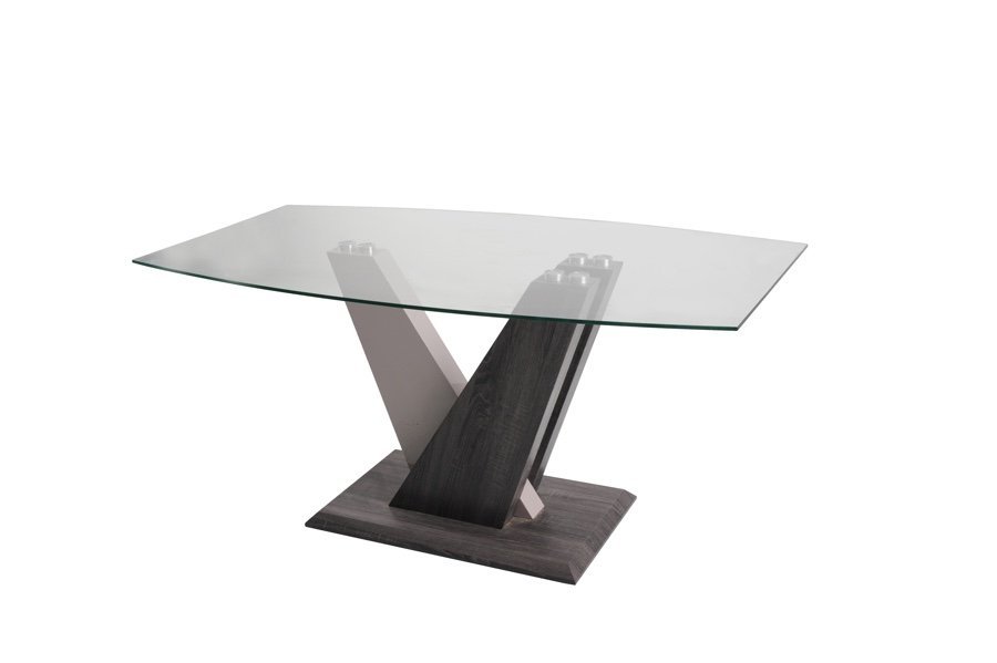 Dining Table Dark Grey Wood Effect / Champagne High Gloss / Clear Glass